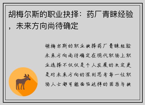 胡梅尔斯的职业抉择：药厂青睐经验，未来方向尚待确定