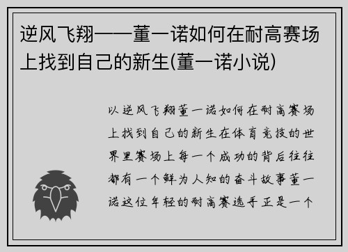 逆风飞翔——董一诺如何在耐高赛场上找到自己的新生(董一诺小说)